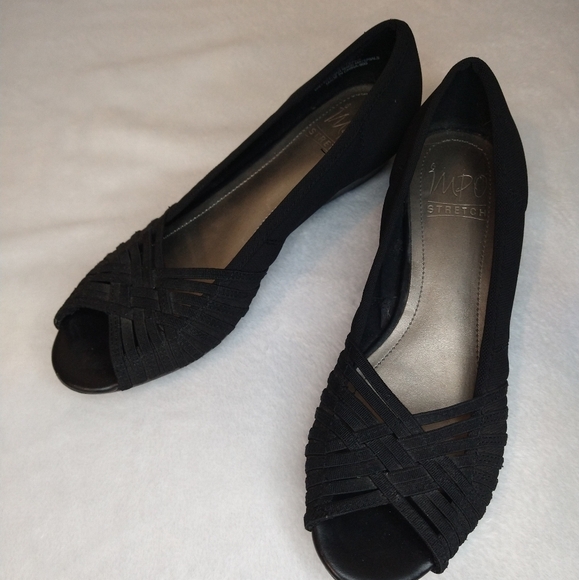 Y2K Impo Stretch Black Slip On Peep Toe Wedge Heeled Shoes - Picture 2 of 6